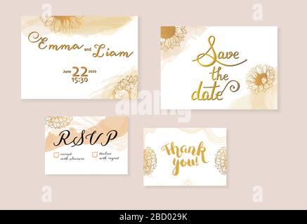 Set di inviti Vector Wedding con le carte Save the Date, RSVP e Thank You, adatto per bollitura a caldo, con letteting, disegni floreali eleganti Illustrazione Vettoriale