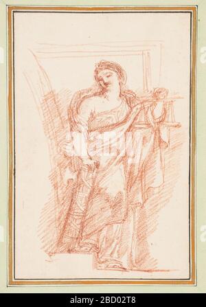 Figura allegorica della Giustizia con fascie. Ricerca in ProgressAllegorical figura di giustizia. Donna incappata, testa leggermente piegata a destra. Braccio sinistro sollevato, piegato sul gomito e braccio destro abbassato, mano appoggiata su una fascia. Figura allegorica della Giustizia con fascie Foto Stock