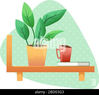 Una pianta in vaso sulla mensola a muro, un libro e una tazza di caffè. Interno vettore. Illustrazione Vettoriale