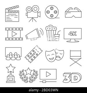 Cinema le icone della linea su sfondo bianco Illustrazione Vettoriale