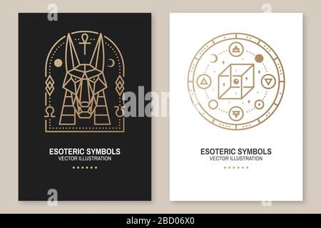 Poster dei simboli esoterici, volantino. Illustrazione vettoriale. Badge geometrico a linea sottile. Icona di contorno per l'alchimia, la geometria sacra. Mystic, disegno magico con il dio egiziano Anubis, cubo geometrico irreale Illustrazione Vettoriale