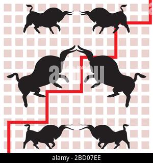 Corrida combattimenti di tori. Tori stilizzati neri sullo sfondo dei quadrati rosa. Giovani tori forti in posa orgogliosa. Selvaggio animali silhouette nere di fronte eac Illustrazione Vettoriale