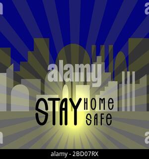 Rimani a casa, stai al sicuro. Poster con stampa coronavirus sullo sfondo di edifici grigi della città. Illustrazione Vettoriale