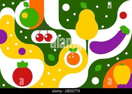Frutta e verdura su sfondo geometrico verde in stile bauhaus, modello di moda con curve, frutti geometici e verdure pera, mela, ciliegia, melanzane, arancio. Illustrazione vettoriale Illustrazione Vettoriale