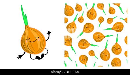 cipolla carattere vegetale carino. Modello vegetale senza cuciture con cipolle. Illustrazione vettoriale per bambini.. Illustrazione Vettoriale