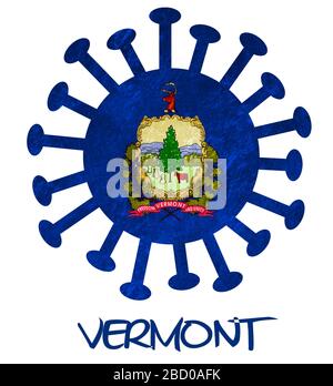 Bandiera di Stato del Vermont con virus corona o batteri - isolato su bianco Foto Stock