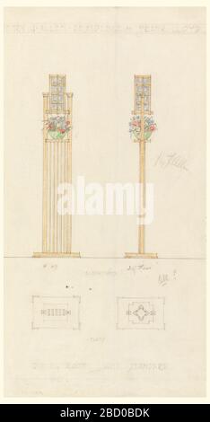 Sala da pranzo Standard leggero Henry J Allen Residence Wichita Kansas. Ricerca in ProgressVista frontale e laterale di lampada da tavolo con telaio rettangolare e paralume e piantatrice tra telaio e paralume. Sotto il disegno colorato ci sono due elevazioni disegnate in grafite. Sala da pranzo Standard leggero Henry J Allen Residence Wichita Kansas Foto Stock