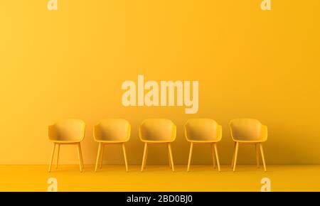 Fila di sedie gialle. Concetto di business. Rendering 3D Foto Stock