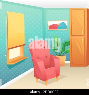 Un accogliente e luminoso soggiorno con una bella sedia accanto alla finestra, un fiore in vaso e un armadio. Interno vettore. Illustrazione Vettoriale