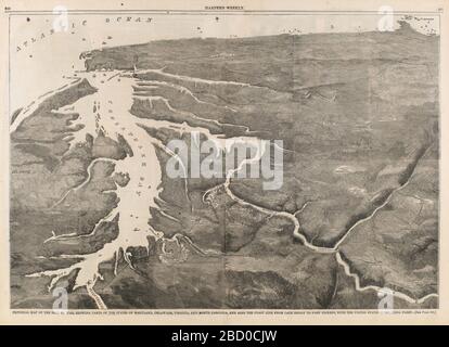 Mappa pittorica della Seat of War che mostra parti degli Stati del Maryland Delaware Virginia e Carolina del Nord e anche la Coast Line da Cape Henry a Fort Pickens con la United States Blockading Fleet da Harpers Weekly Giugno 8 1861. Foto Stock