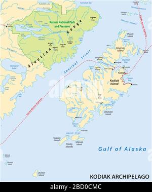 Mappa vettoriale dell'arcipelago di Kodiak appartenente allo stato dell'Alaska degli Stati Uniti Illustrazione Vettoriale