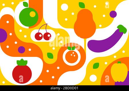 Frutta e verdura su sfondo geometrico in stile bauhaus, modello di moda con curve, frutti geometici e verdure pera, mela, ciliegia, melanzane, arancio. Illustrazione vettoriale Illustrazione Vettoriale