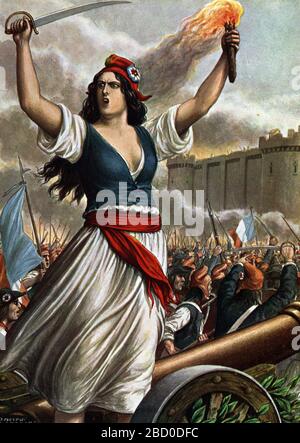 Revolution francaise de 1789 : la pry de la Bastille le 14 juillet 1789, allegorie du peuple sous les traits d'une femme une torche et une epee a la Foto Stock