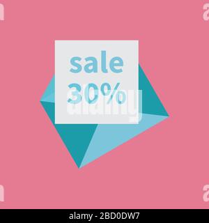 Busta aperta blu chiaro. Foglio bianco con sconto di vendita percentuale. Notifica e-mail su sfondo rosa. Concetto di notifiche, recapito e-mail, ema Illustrazione Vettoriale