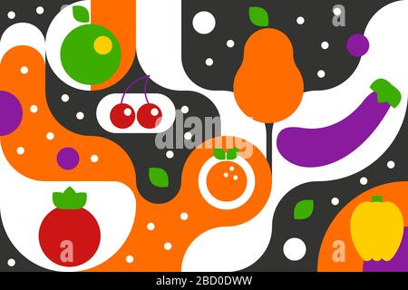 Frutta e verdura su sfondo geometrico in stile bauhaus, modello di moda con curve, frutti geometici e verdure pera, mela, ciliegia, melanzane, arancio. Illustrazione vettoriale Illustrazione Vettoriale