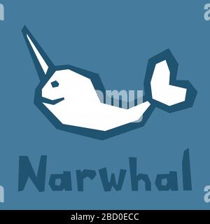 Illustrazione della silhouette vettoriale di un animale narrwhal su blu. Stile moderno e brutale. Testo - caratteri divertenti. Scheda interattiva per l'apprendimento dell'alfabeto inglese Illustrazione Vettoriale