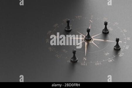 La bussola dorata sorse su sfondo nero con cinque pedine. Consulenza aziendale o concetto di marketing strategico. Figura 3D. Foto Stock