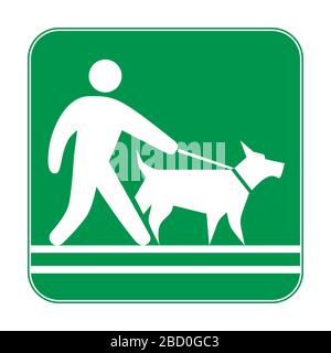 Segno verde, uomo che cammina con un cane su un guinzaglio. Divieto e risoluzione dei segnali. Cartello del proprietario del cane. Illustrazione Vettoriale