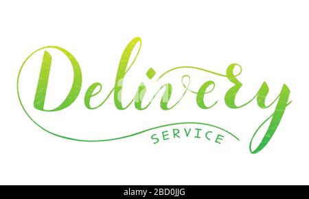 Testo di consegna scritto a mano vettoriale isolato su sfondo bianco. Servizio di consegna di cibo o pacchi. Sceneggiatura spazzhpen scritta con fiori. Scrittura a mano per banner, poster, etichetta aziendale o logo Illustrazione Vettoriale