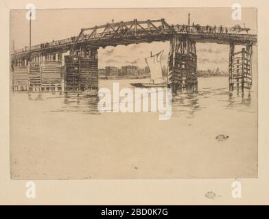 (Artista) James McNeill Whistler; Stati Uniti; 1879; incisione su carta; H x L: 20.3 x 29.5 cm (8 x 11 5/8 in); dono di Charles Lang Freer Old Battersea Bridge Foto Stock