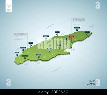 Mappa stilizzata della Giamaica. Mappa verde 3D isometrica con città, confini, capitale Kingston, regioni. Illustrazione vettoriale. Livelli modificabili etichettati in modo chiaro. Illustrazione Vettoriale