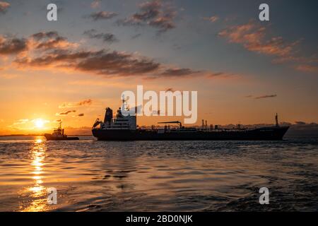 Ternuezen Paesi Bassi 2 aprile 2020, petroliera chimica nel porto di Terneuzen al tramonto sul fiume Schelde Foto Stock