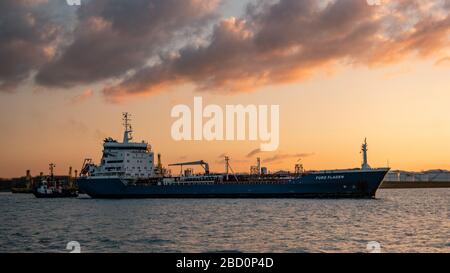 Ternuezen Paesi Bassi 2 aprile 2020, petroliera chimica nel porto di Terneuzen al tramonto sul fiume Schelde Foto Stock