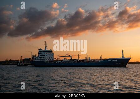 Ternuezen Paesi Bassi 2 aprile 2020, petroliera chimica nel porto di Terneuzen al tramonto sul fiume Schelde Foto Stock