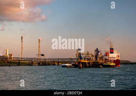 Ternuezen Paesi Bassi 2 aprile 2020, petroliera chimica nel porto di Terneuzen al tramonto sul fiume Schelde Foto Stock
