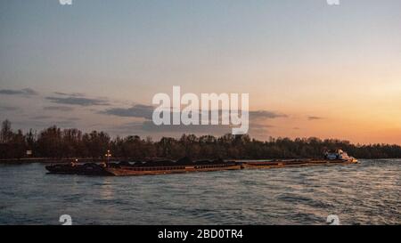 Nijmegen Paesi Bassi 2020 aprile, pushboat con carbone sul fiume reno inladnshipping durante il tramonto Foto Stock