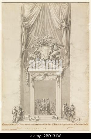 Porta di San Salvatore a Lauro con decorazione per le esequie di Re Federico III Agosto di Polonia Roma Italia. Disegno per una porta con figure e cani. Sul frontone lo stemma reale. Porta di San Salvatore a Lauro con decorazione per le esequie di Re Federico III Agosto di Polonia Roma Italia Foto Stock