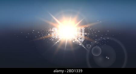 Realistico Sun Burst su sfondo blu cielo ampio. Illustrazione vettoriale. Illustrazione Vettoriale