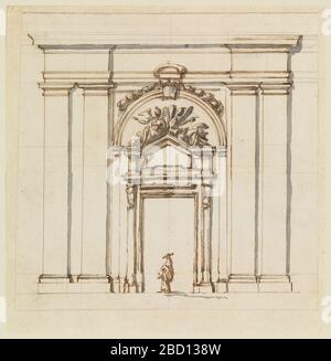 Design per la sezione di una parte di una parete con una porta. Ricerca in ProgressArchway con una figura sottostante. Quattro lesene, due per lato fiancheggiano l'arco. Una porta è nell'arco. Sopra la porta si trovano due figure reclinabili con ali su un piccolo frontone. Design per la sezione di una parte di una parete con una porta Foto Stock