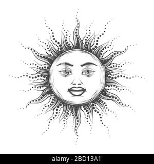 Emblema Esoterico medievale del Sole con volto umano disegnato in stile vintage Engraving. Illustrazione vettoriale. Illustrazione Vettoriale