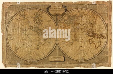 Una mappa generale del mondo per le donne Needlework e giovani studenti di Geografia. Ricerca in Progressa mappa campionatore del mondo che mostra i due emisferi, etichettati Western Hemisphere o New World e Eastern Hemisphere o Old World. Una mappa generale del mondo per le donne Needlework e giovani studenti di Geografia Foto Stock