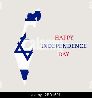 Biglietto d'auguri per il giorno dell'indipendenza di Israele, banner, illustrazione vettoriale. Giornata nazionale israeliana. Bandiera di Israele a forma di mappa di Israele. Illustrazione Vettoriale