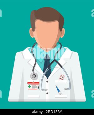 Medico in cappotto bianco con stetoscopio. Abito medico con diverse pillole e dispositivi medici in tasca. Diagnostica sanitaria, ospedaliera e medica. Illustrazione vettoriale in stile piatto Illustrazione Vettoriale