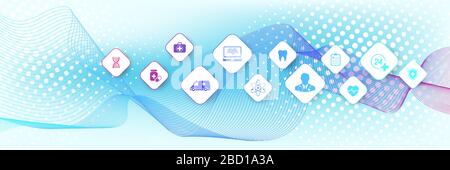 Modello di banner per la salute astratta con icone piatte. Concetto di medicina sanitaria. CRISPR CAS9 - ingegneria Genetica. Tecnologia per l'innovazione medica Illustrazione Vettoriale