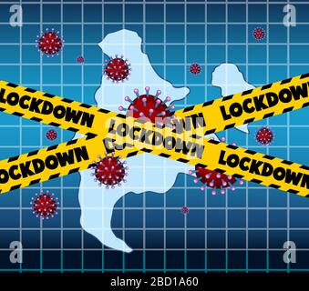 Disegno del poster del coronavirus con lockdown di parola e illustrazione delle cellule del virus Illustrazione Vettoriale