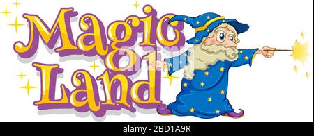 Font design per la parola magica terra con mago e l'illustrazione bacchetta magica Illustrazione Vettoriale