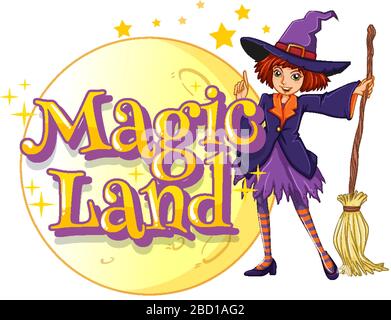 Font design per la parola magica terra con strega e la magia ginestra illustrazione Illustrazione Vettoriale
