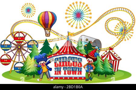 Font design per parola circo in città con clown nel circo illustrazione Illustrazione Vettoriale