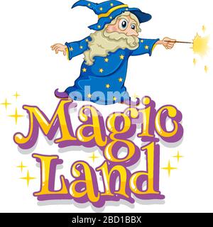 Font design per la parola magica terra con mago e l'illustrazione bacchetta magica Illustrazione Vettoriale