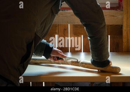 Processo di uomo che fa bastone di legno che cammina all'interno durante la quarantena. Bastone di legno intagliato sulla tavola usando il coltello Foto Stock