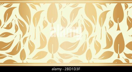 Foglio d'oro astratto foglie senza cuciture modello vettoriale bordo moderno disegnato a mano natura simbolo metallico blu banner. Nastro di lusso, bordo per Illustrazione Vettoriale