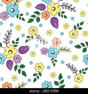 eleganti bouquet di fiori pastello con ramoscelli e foglie, piccoli fiori, su sfondo bianco, motivo vettoriale a colori senza cuciture Illustrazione Vettoriale