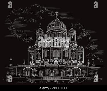 Disegno vettoriale illustrazione disegno manuale Cattedrale di Cristo Salvatore a Mosca, Russia. Illustrazione isolata orizzontale di colore bianco su ba nero Illustrazione Vettoriale