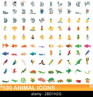 100 animali set di icone. Cartoon illustrazione di 100 icone animale set vettore isolato su sfondo bianco Illustrazione Vettoriale