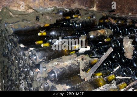 Vecchie bottiglie di vino disposte in una grotta. Foto Stock