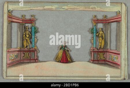 Spettacolo di Peepshow dell'Opera. Ricerca in figure ProgressSix in pose istrioniche in un ambiente di archi e portici con colonne in blu. Sul retro, una fontana e piscina in un giardino formale. F ha una scena giardino con fontane, rampe ed edifici sul retro. Spettacolo di Peepshow dell'Opera Foto Stock